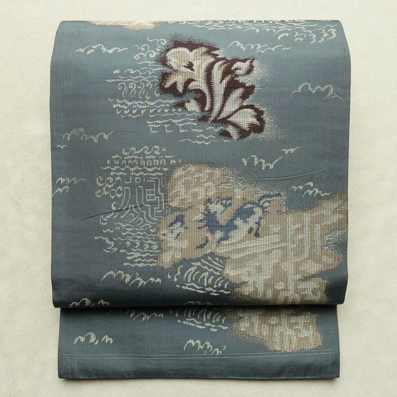 アンティーク帯 正絹 幾何学柄・抽象柄 通し仕立て なごや帯 リサイクル帯 帯 青・紺_画像1