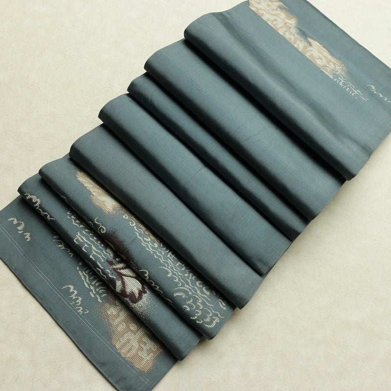 アンティーク帯 正絹 幾何学柄・抽象柄 通し仕立て なごや帯 リサイクル帯 帯 青・紺_画像16