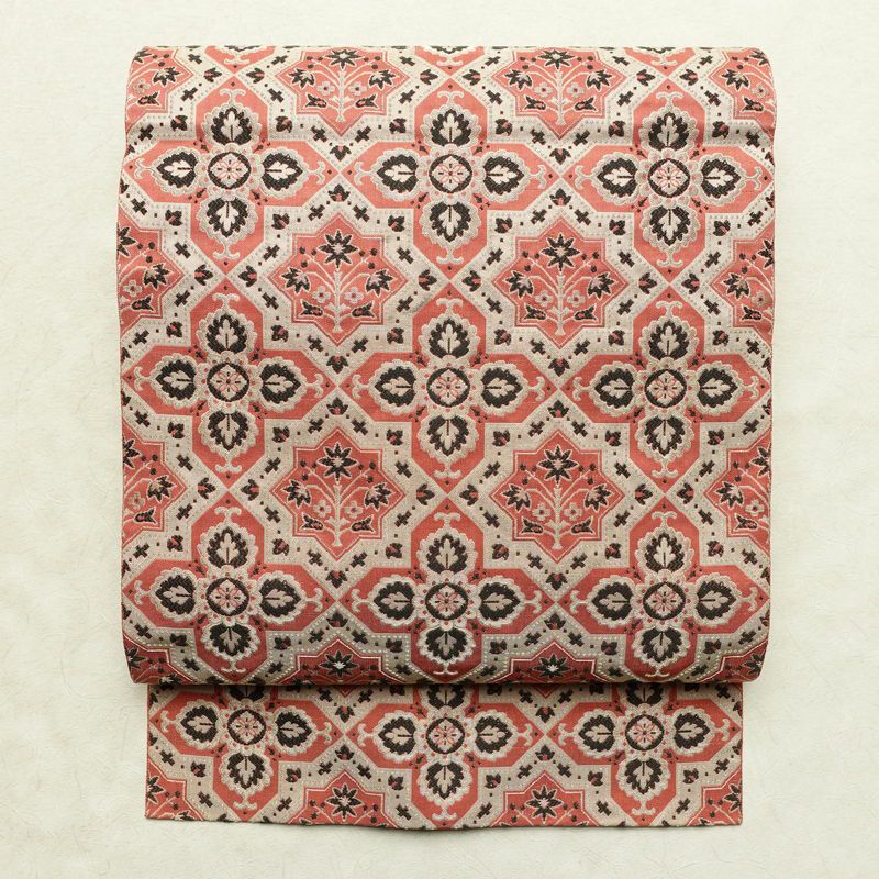 名古屋帯 全通柄 正絹 幾何学柄・抽象柄 松葉仕立て なごや帯 リサイクル帯 帯 ピンク_画像1