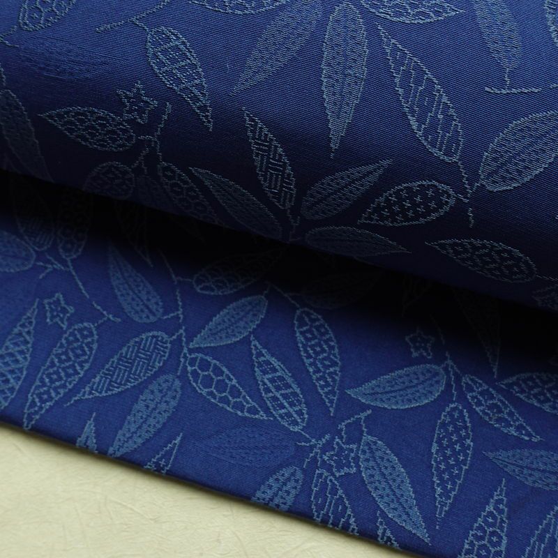 名古屋帯 全通柄 正絹 木の葉・植物柄 名古屋仕立て なごや帯 リサイクル帯 帯 青・紺_画像6