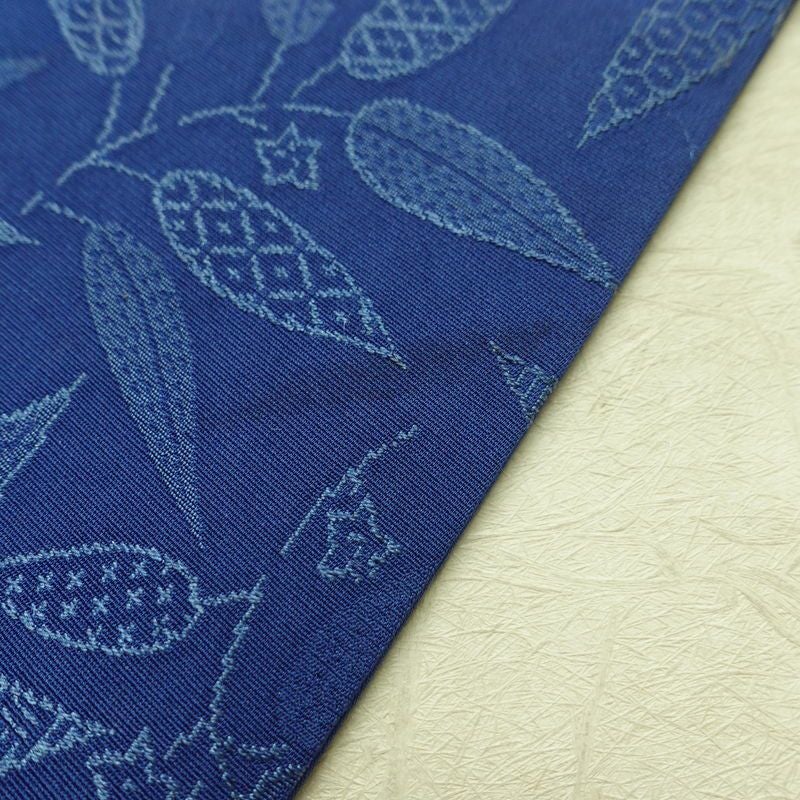 名古屋帯 全通柄 正絹 木の葉・植物柄 名古屋仕立て なごや帯 リサイクル帯 帯 青・紺_画像14