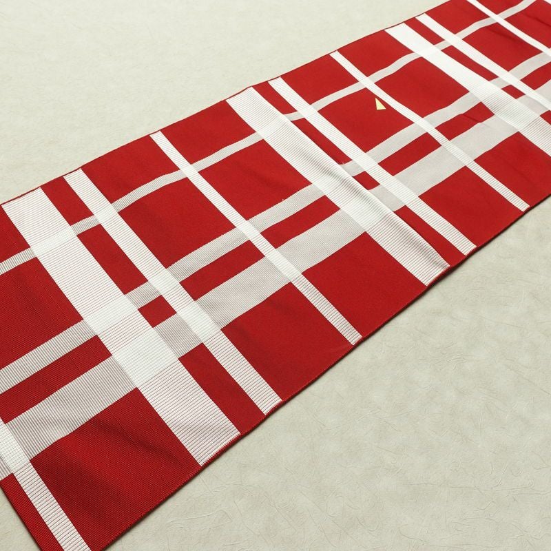 名古屋帯 六通柄 正絹 チェック・格子柄 名古屋仕立て なごや帯 リサイクル帯 帯 赤・朱_画像9
