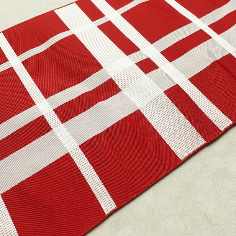 名古屋帯 六通柄 正絹 チェック・格子柄 名古屋仕立て なごや帯 リサイクル帯 帯 赤・朱_画像12