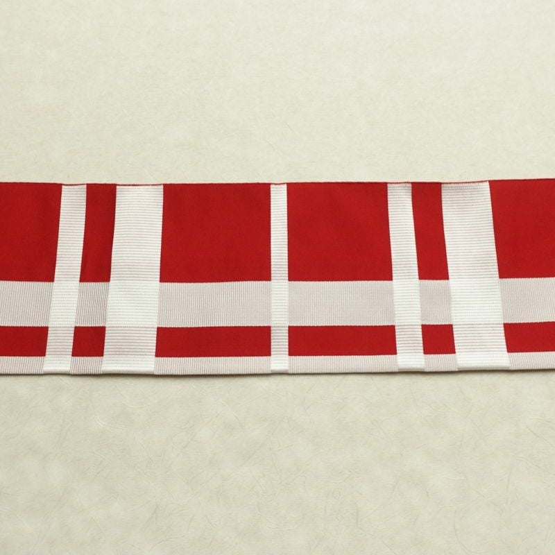 名古屋帯 六通柄 正絹 チェック・格子柄 名古屋仕立て なごや帯 リサイクル帯 帯 赤・朱_画像15