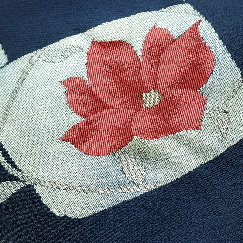 名古屋帯 太鼓柄 良品 正絹 花柄 松葉仕立て なごや帯 リサイクル帯 帯 青・紺_画像3