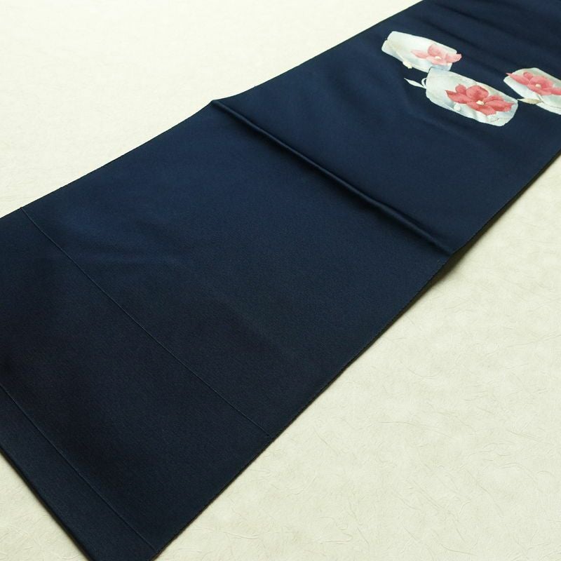 名古屋帯 太鼓柄 良品 正絹 花柄 松葉仕立て なごや帯 リサイクル帯 帯 青・紺_画像8
