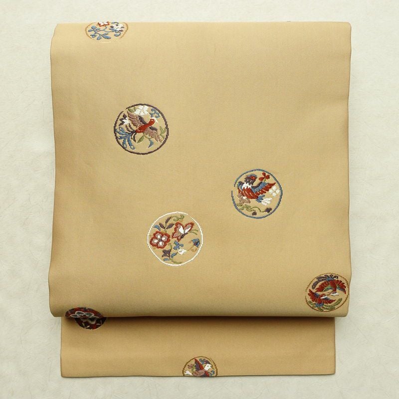 名古屋帯 太鼓柄 正絹 人物・動物柄 名古屋仕立て なごや帯 リサイクル帯 帯 刺繍 金糸 ベージュ_画像1