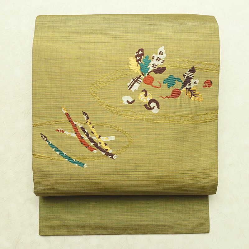 名古屋帯 太鼓柄 良品 正絹 その他の柄 名古屋仕立て なごや帯 リサイクル帯 帯 洒落 黄・黄土色_画像1