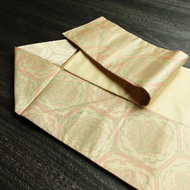 名古屋帯 六通柄 美品 正絹 亀甲柄 名古屋仕立て なごや帯 リサイクル帯 帯 未使用品 ベージュ_画像21