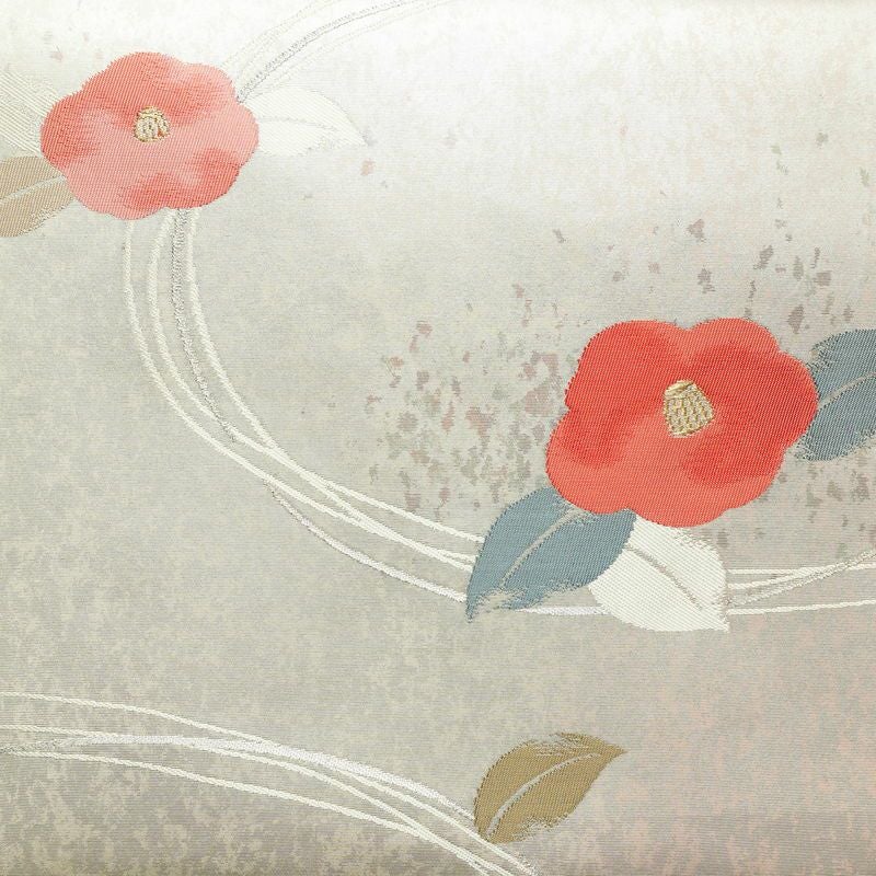 名古屋帯 六通柄 良品 正絹 花柄 名古屋仕立て なごや帯 リサイクル帯 帯 椿 箔 金糸 金・銀_画像2