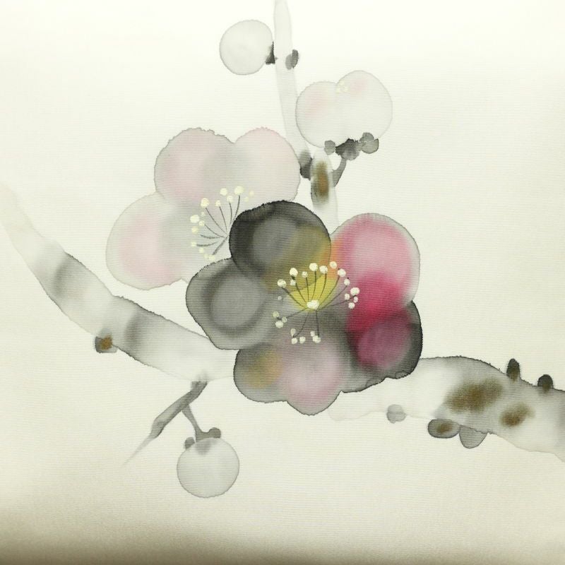 名古屋帯 太鼓柄 落款入り 正絹 花柄 通し仕立て なごや帯 リサイクル帯 帯 手描き 白_画像2