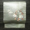 名古屋帯 太鼓柄 正絹 花柄 名古屋仕立て なごや帯 リサイクル帯 帯 椿 刺繍 箔 緑・うぐいす色_画像1