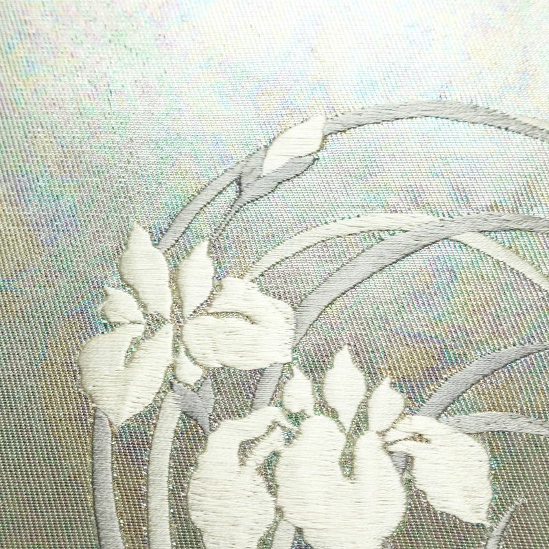 名古屋帯 太鼓柄 正絹 花柄 名古屋仕立て なごや帯 リサイクル帯 帯 椿 刺繍 箔 緑・うぐいす色_画像6