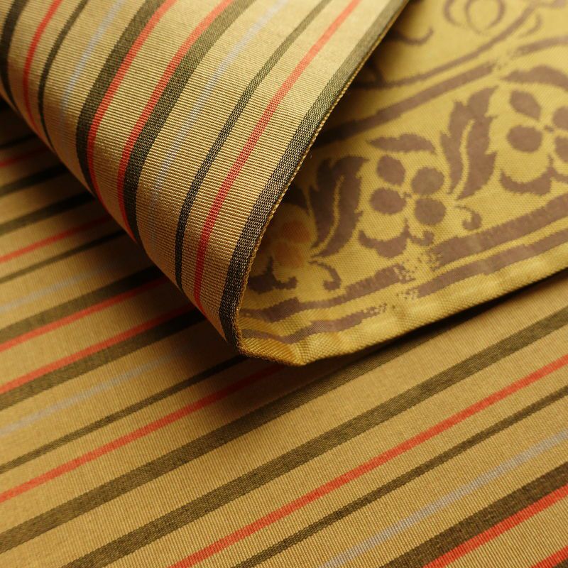 名古屋帯 全通柄 正絹 美保姿 木の葉・植物柄 通し仕立て なごや帯 リサイクル帯 帯 黄・黄土色_画像11