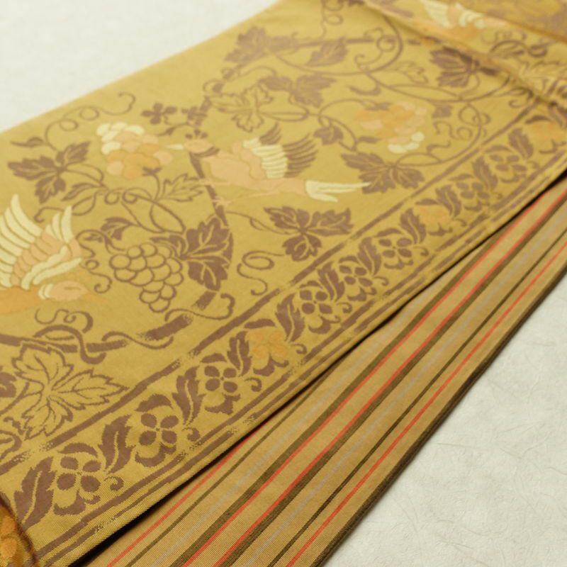 名古屋帯 全通柄 正絹 美保姿 木の葉・植物柄 通し仕立て なごや帯 リサイクル帯 帯 黄・黄土色_画像12