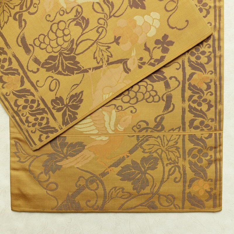 名古屋帯 全通柄 正絹 美保姿 木の葉・植物柄 通し仕立て なごや帯 リサイクル帯 帯 黄・黄土色_画像14
