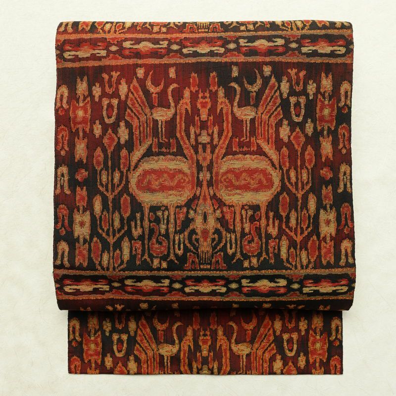 名古屋帯 全通柄 良品 正絹 幾何学柄・抽象柄 名古屋仕立て なごや帯 リサイクル帯 帯 赤・朱_画像1