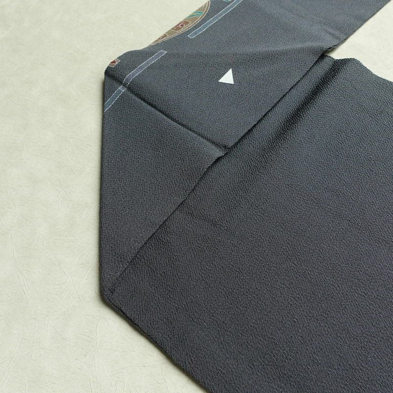 名古屋帯 全通柄 良品 縮緬 正絹 幾何学柄・抽象柄 名古屋仕立て なごや帯 リサイクル帯 くすみブルー 帯 青・紺_画像18