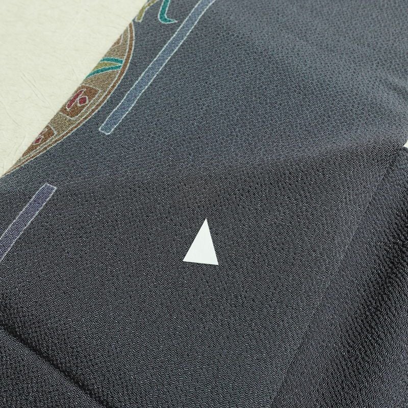 名古屋帯 全通柄 良品 縮緬 正絹 幾何学柄・抽象柄 名古屋仕立て なごや帯 リサイクル帯 くすみブルー 帯 青・紺_画像19