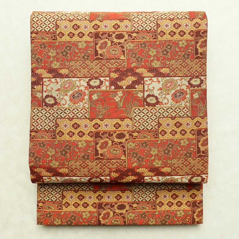 名古屋帯 全通柄 正絹 古典柄 通し仕立て なごや帯 リサイクル帯 帯 赤・朱_画像1