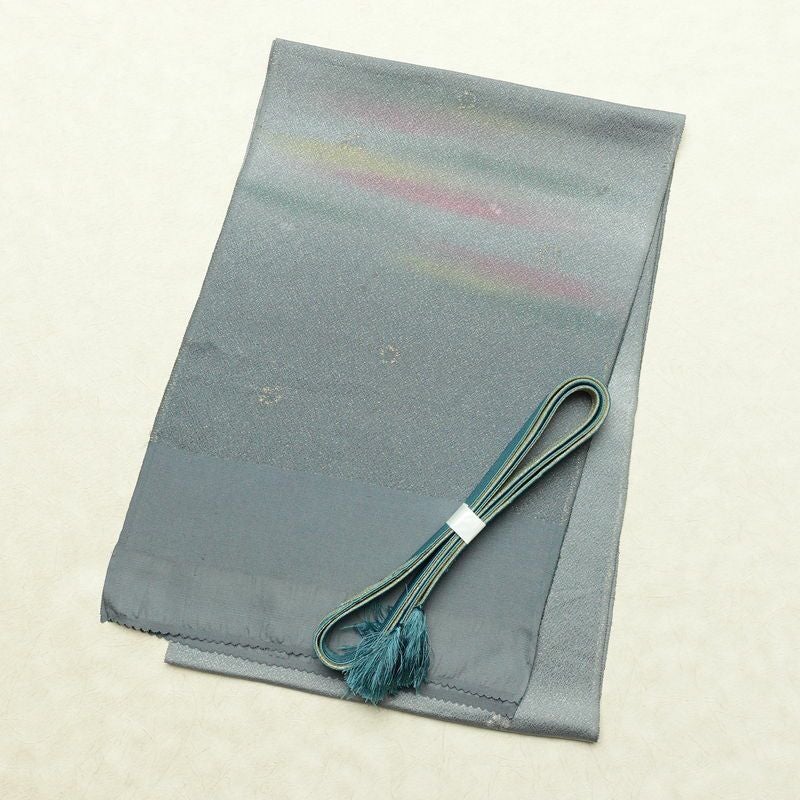 帯揚げ帯締めセット 美品 セット品 縮緬 正絹 花柄 金糸 フォーマル くすみブルー 青・紺_画像1