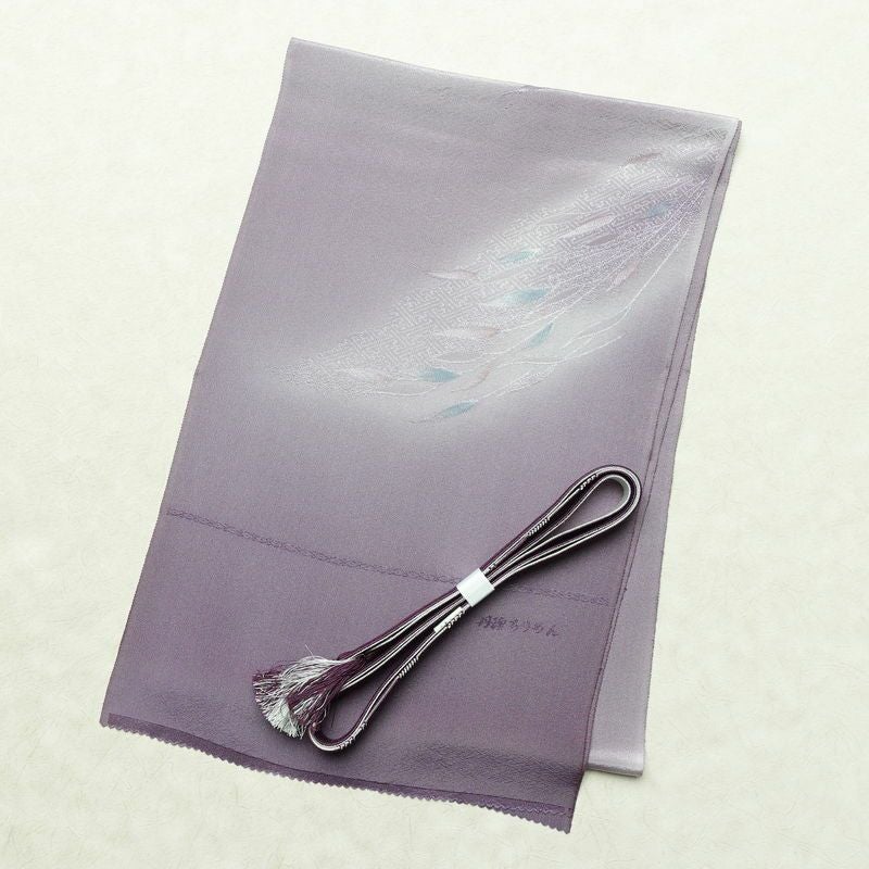 帯揚げ帯締めセット 美品 セット品 縮緬 平組 フォーマル用 正絹 木の葉・植物柄 上品 紫・藤色_画像1