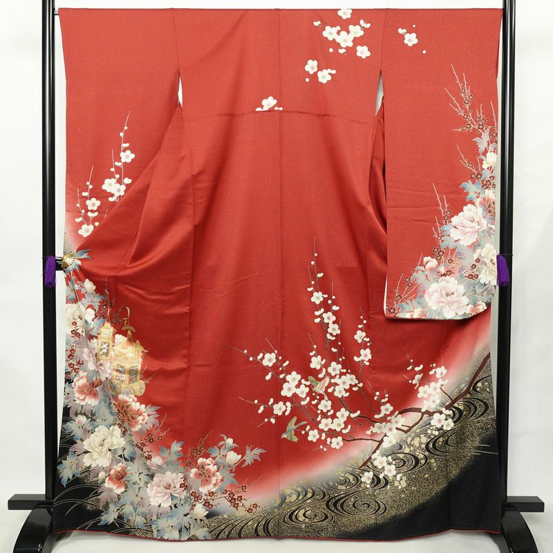 振袖 正絹 古典柄 伊達衿付き 袷仕立て 身丈166cm 裄丈67cm リサイクル着物 着物 箔 金彩 成人式 二十歳 二十歳の集い 盛り上げ箔 梅 赤・朱_画像1