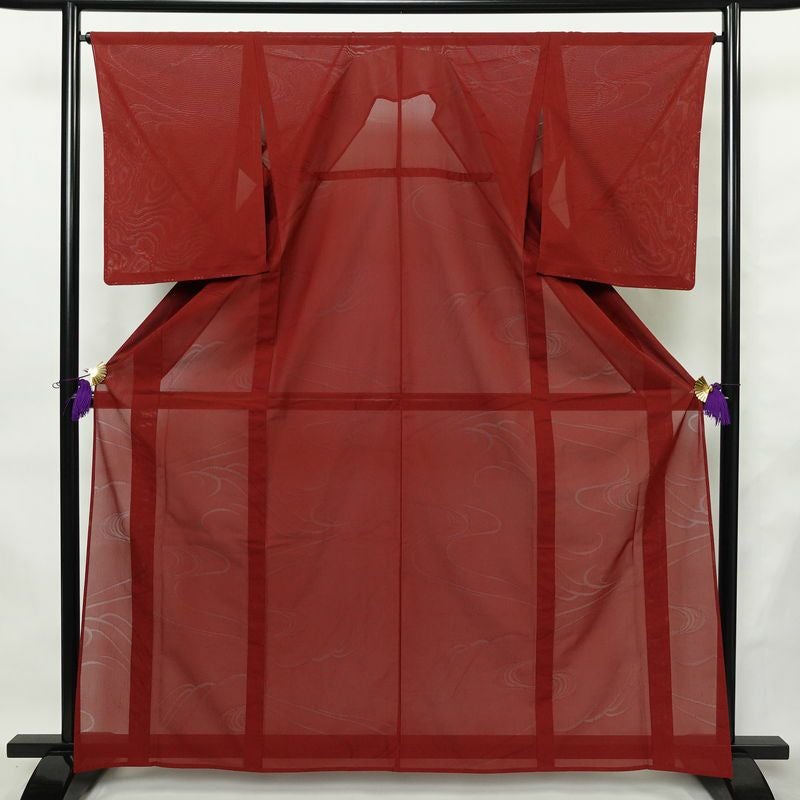 盛夏 紗 しつけ糸付き 正絹 流水・波柄 単衣仕立て 身丈163.5cm 裄丈65.5cm リサイクル着物 着物 薄物 赤・朱_画像1