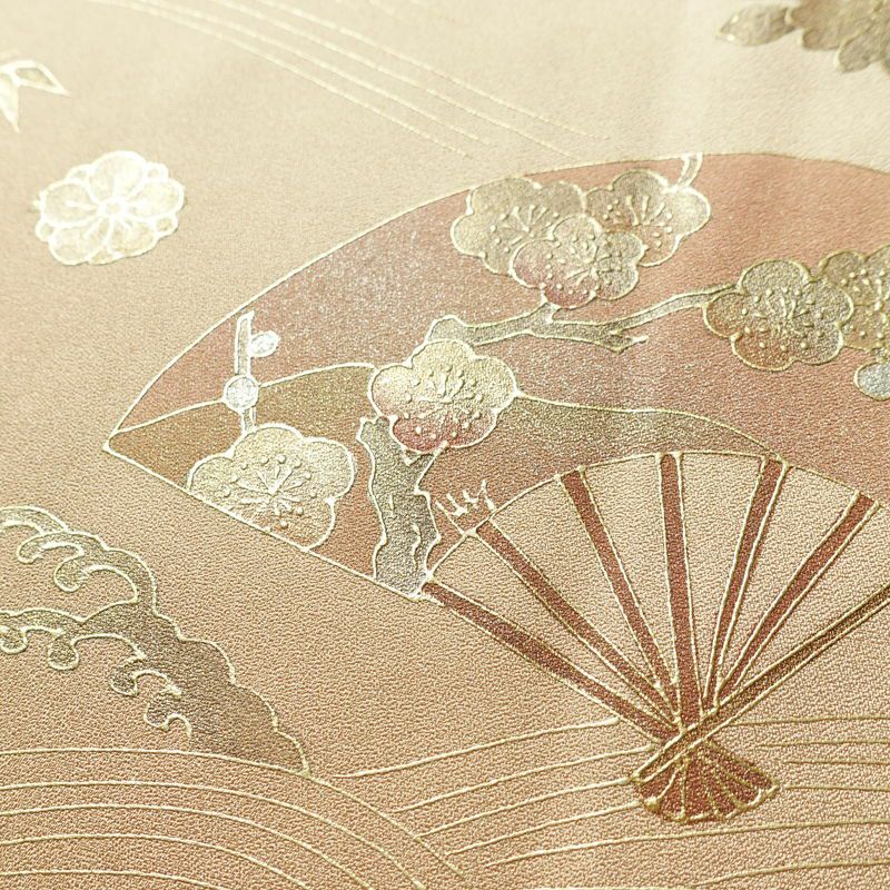 付け下げ 正絹 古典柄 袷仕立て 身丈160cm 裄丈67.5cm リサイクル着物 着物 鼓 箔 金彩 扇子 ピンク_画像11