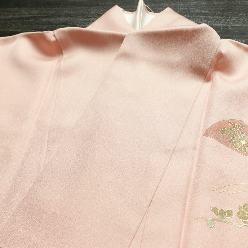 付け下げ 正絹 古典柄 袷仕立て 身丈160cm 裄丈67.5cm リサイクル着物 着物 鼓 箔 金彩 扇子 ピンク_画像19