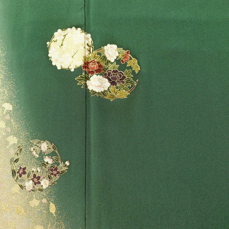 色留袖 松尾光琳 落款入り 縮緬 一つ紋付き 正絹 木の葉・植物柄 袷仕立て 身丈170cm 裄丈69.5cm リサイクル着物 着物 箔 共八掛 金彩 緑・うぐいす色_画像6