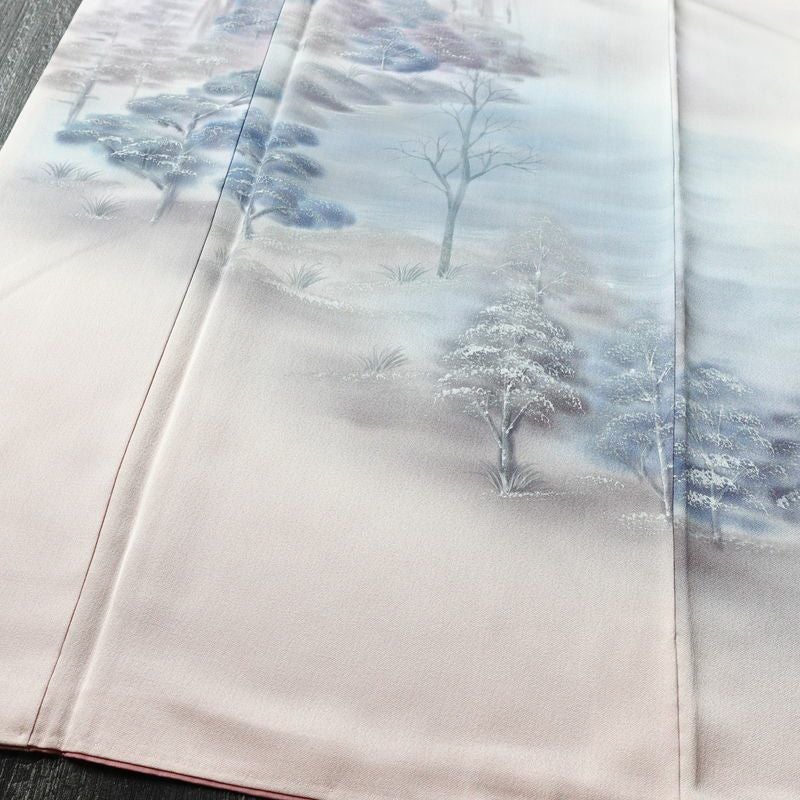 付け下げ 一つ紋付き 正絹 風景柄 袷仕立て 身丈165cm 裄丈66.5cm リサイクル着物 一部しつけ糸付き 着物 ピンク_画像4