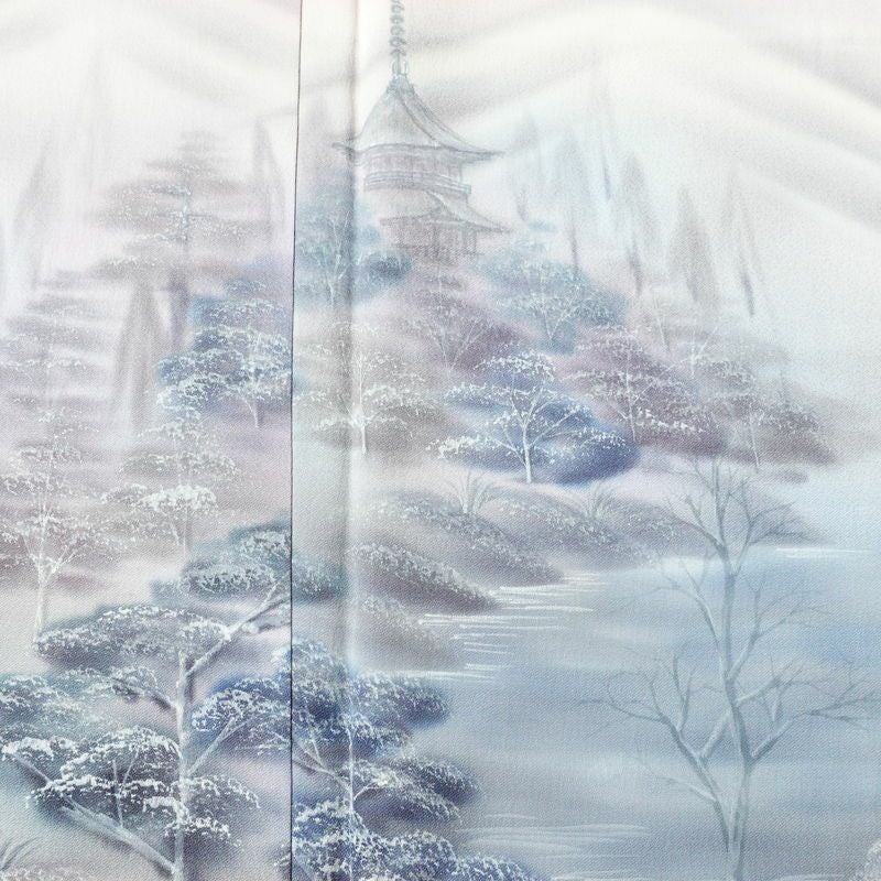 付け下げ 一つ紋付き 正絹 風景柄 袷仕立て 身丈165cm 裄丈66.5cm リサイクル着物 一部しつけ糸付き 着物 ピンク_画像6