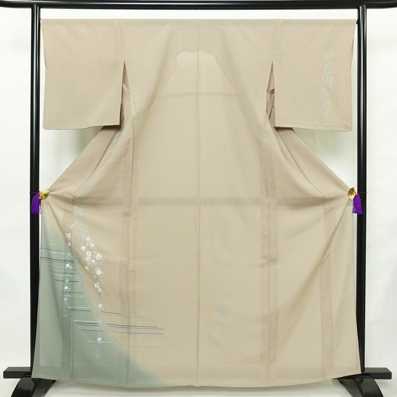 盛夏 絽 付け下げ 正絹 花柄 単衣仕立て 身丈162.5cm 裄丈67cm リサイクル着物 着物 箔 薄物 モダン ベージュ_画像1