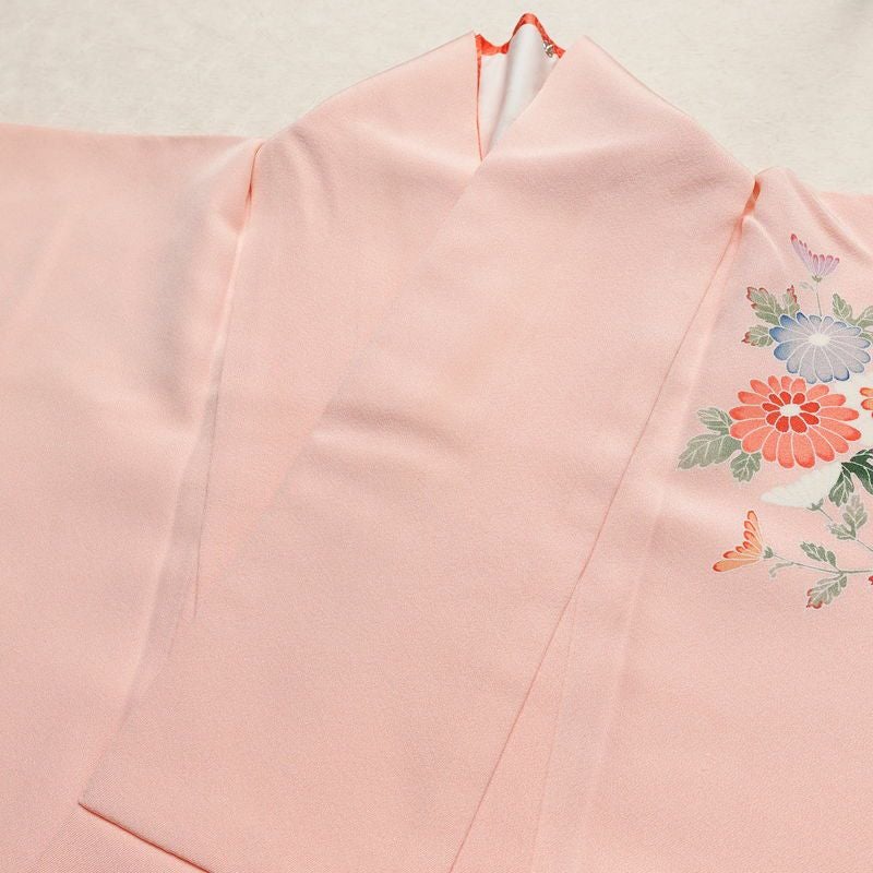 付け下げ 縮緬 一つ紋付き 伊達衿付き 正絹 花柄 袷仕立て 身丈160.5cm 裄丈65.5cm リサイクル着物 着物 入学式 七五三 フォーマル 菊 ピンク_画像16