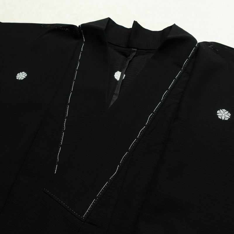 喪服 夏用 夏喪服 美品 絽 落款入り しつけ糸付き 五つ紋付き バチ衿仕立て 正絹 無地 単衣仕立て 身丈172cm 裄丈70cm リサイクル着物 着物 未使用品 黒_画像6