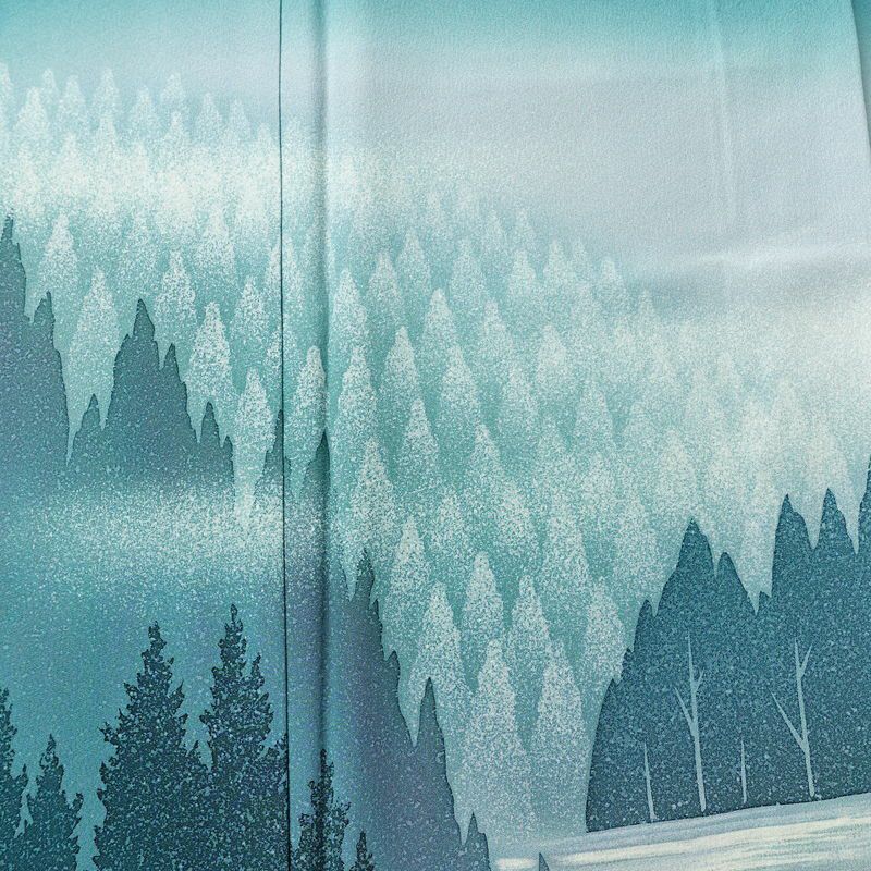 訪問着 おかべみつこ 良品 落款入り 縮緬 正絹 風景柄 袷仕立て 身丈165cm 裄丈68.5cm リサイクル着物 着物 シンプル 緑・うぐいす色_画像6