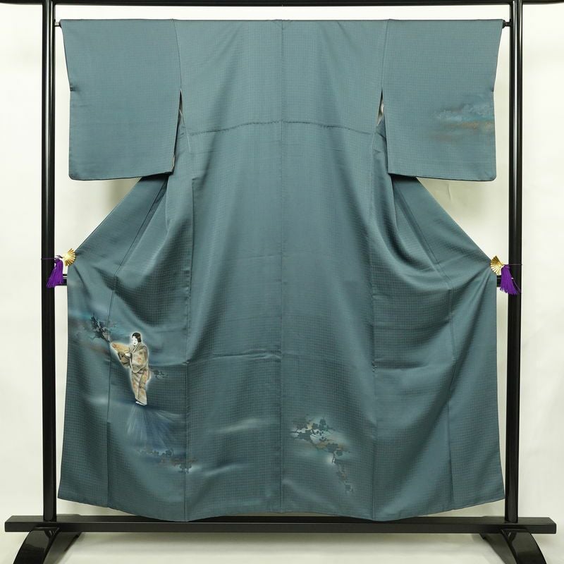 付け下げ 良品 綸子 正絹 人物・動物柄 袷仕立て 身丈154cm 裄丈65.5cm リサイクル着物 着物 箔 青・紺_画像1