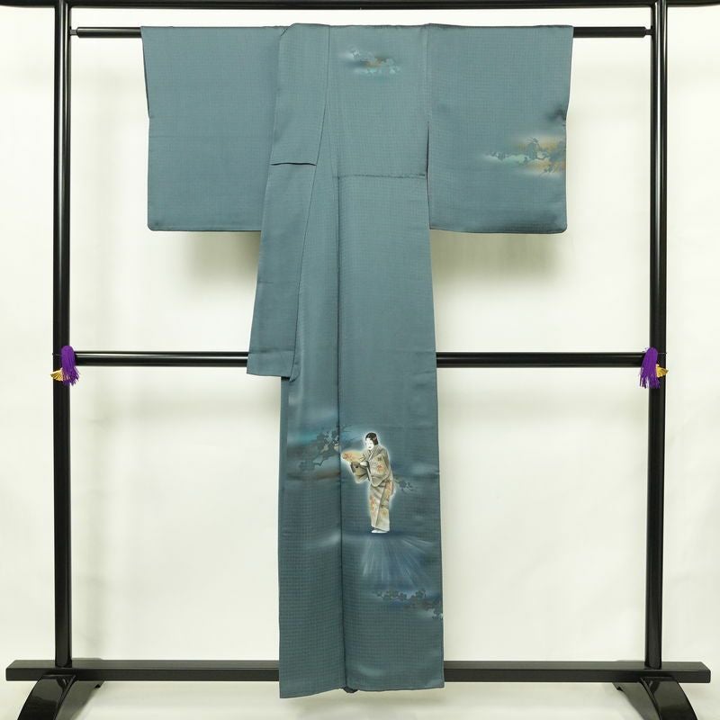 付け下げ 良品 綸子 正絹 人物・動物柄 袷仕立て 身丈154cm 裄丈65.5cm リサイクル着物 着物 箔 青・紺_画像2