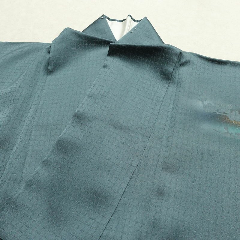 付け下げ 良品 綸子 正絹 人物・動物柄 袷仕立て 身丈154cm 裄丈65.5cm リサイクル着物 着物 箔 青・紺_画像18