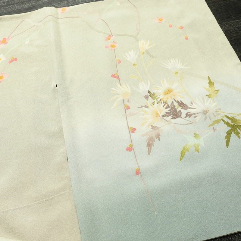 訪問着 良品 落款入り 縮緬 一つ紋付き 正絹 花柄 袷仕立て 身丈157.5cm 裄丈66.5cm リサイクル着物 着物 共八掛 入学式 卒業式 七五三 お宮参り フォーマル 緑・うぐいす色_画像16