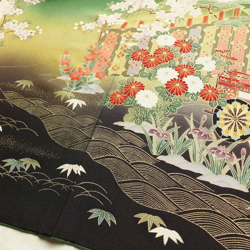振袖 縮緬 正絹 古典柄 袷仕立て 洒落紋付き 身丈166cm 裄丈68.5cm リサイクル着物 着物 箔 金彩 成人式 二十歳 二十歳の集い パーティー フォーマル 松 菊 桜 緑・うぐいす色_画像12