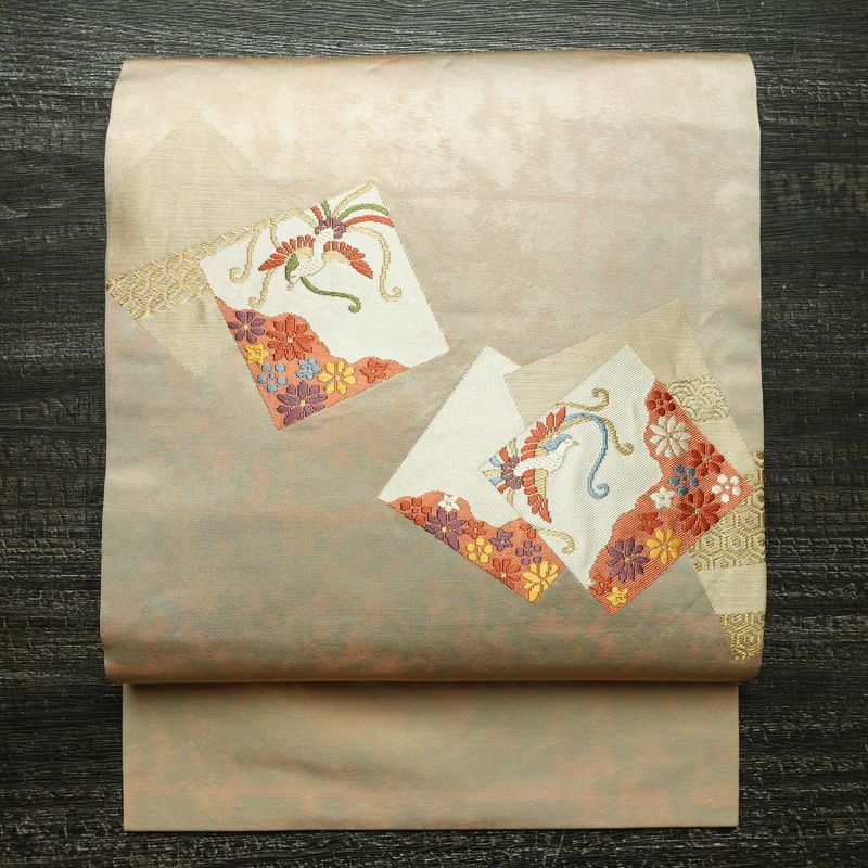 名古屋帯 太鼓柄 正絹 古典柄 名古屋仕立て 箔 刺繍 金糸 帯 ベージュ