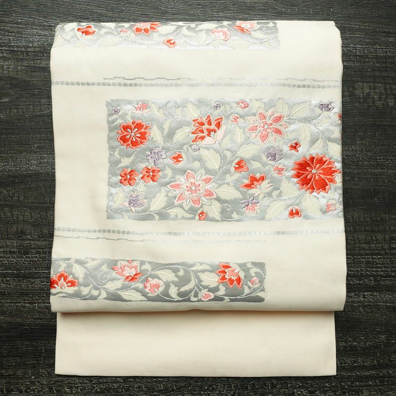 名古屋帯 太鼓柄 正絹 花柄 名古屋仕立て なごや帯 リサイクル帯 帯 箔 銀糸 上品 ピンク_画像1