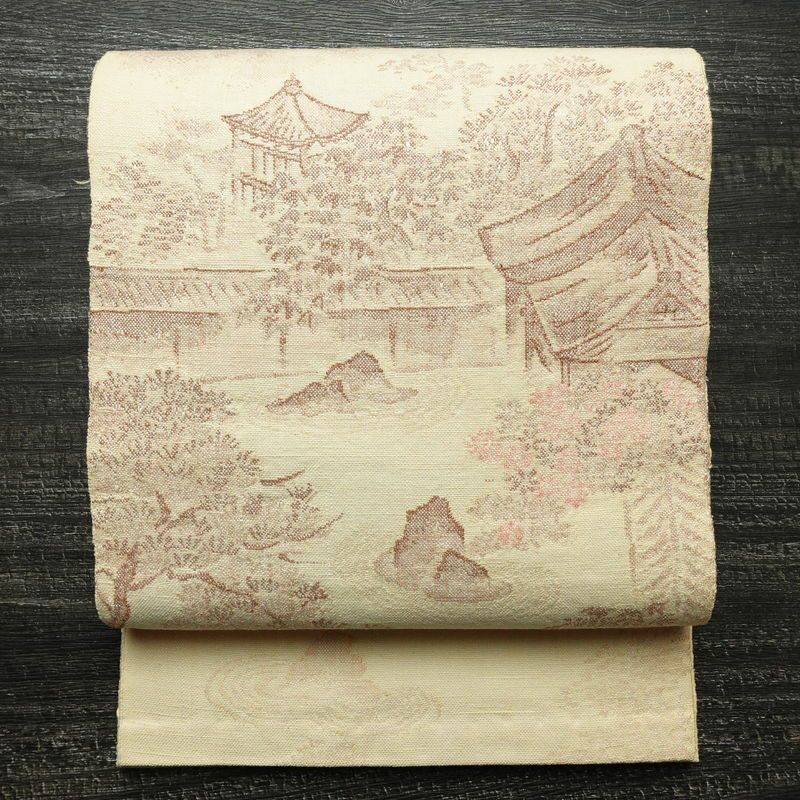 名古屋帯 太鼓柄 良品 正絹 風景柄 通し仕立て なごや帯 リサイクル帯 帯 紬地 ベージュ_画像1