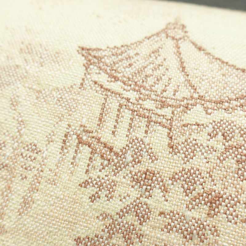 名古屋帯 太鼓柄 良品 正絹 風景柄 通し仕立て なごや帯 リサイクル帯 帯 紬地 ベージュ_画像6