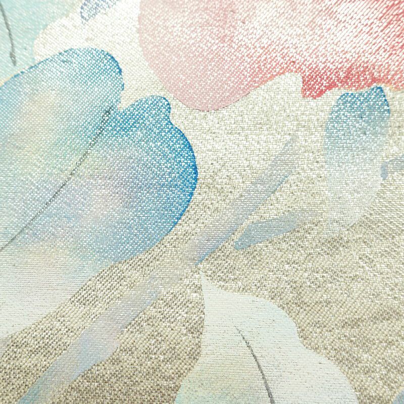 名古屋帯 太鼓柄 正絹 花柄 名古屋仕立て なごや帯 リサイクル帯 帯 箔 金・銀_画像4