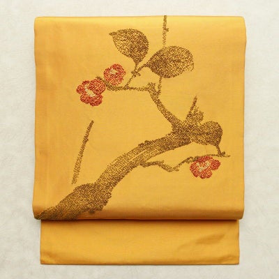 アンティーク名古屋帯 日本刺繍 橘 金色 シルクサテン 繻子帯 黄色 