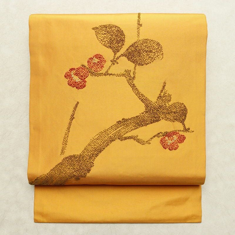 名古屋帯 太鼓柄 相良刺繍 正絹 木の葉・植物柄 名古屋仕立て なごや帯 リサイクル帯 帯 シンプル 洒落 黄・黄土色_画像1