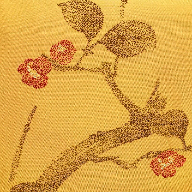 名古屋帯 太鼓柄 相良刺繍 正絹 木の葉・植物柄 名古屋仕立て なごや帯 リサイクル帯 帯 シンプル 洒落 黄・黄土色_画像2